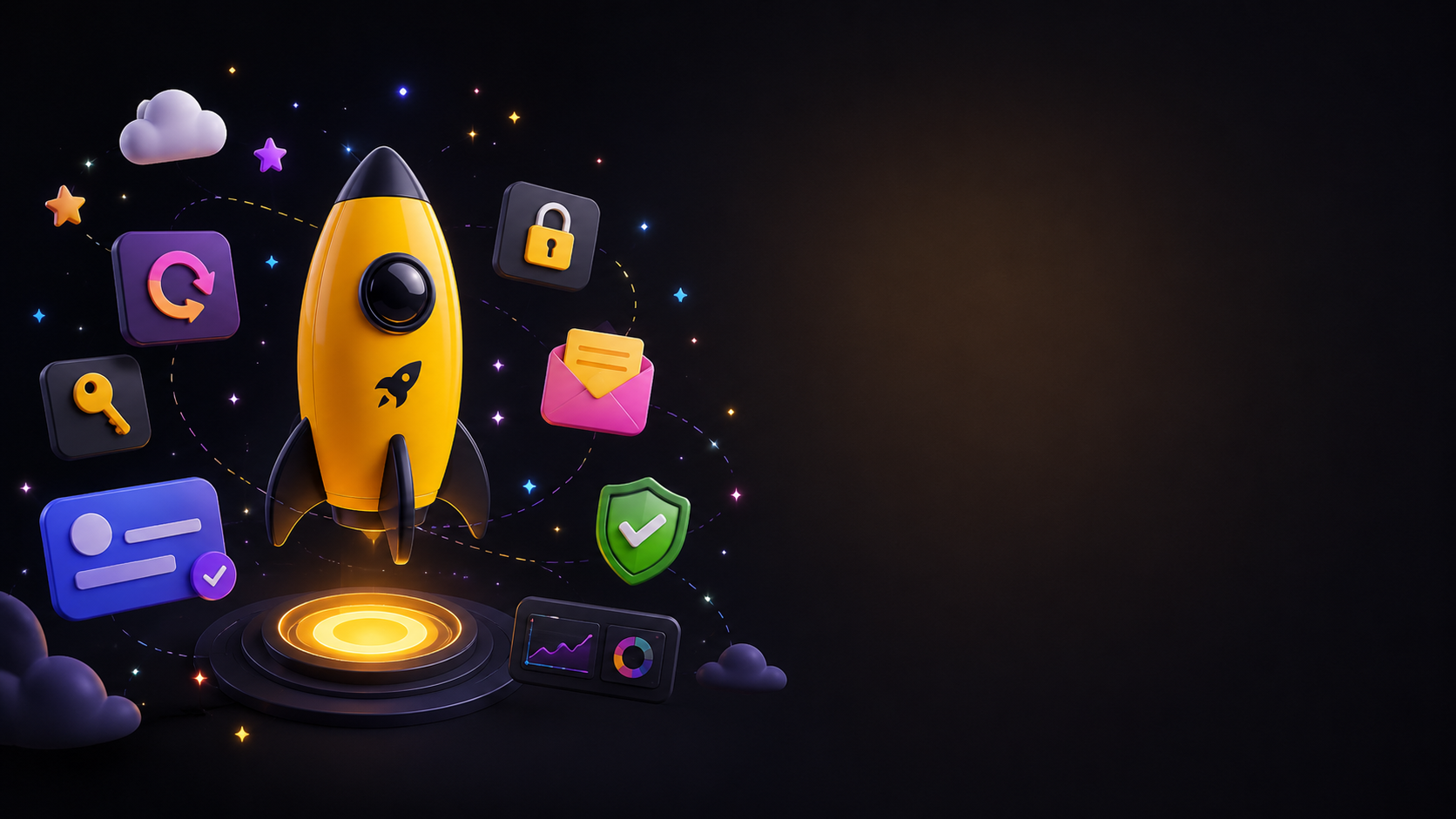 BoostPad password reset illustration with a rocket, lock, key, envelope, and shield icons